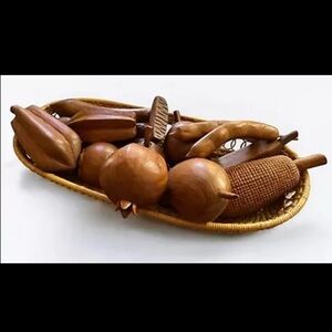 Vintage Hand Carved Wooden Tropical Fruit in Woven Basket MCM